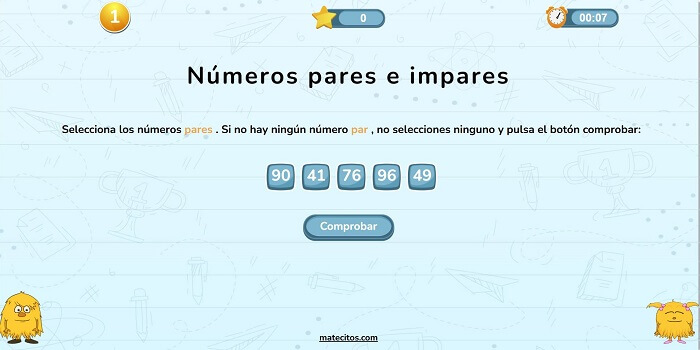 Captura de la actividad Números pares e impares