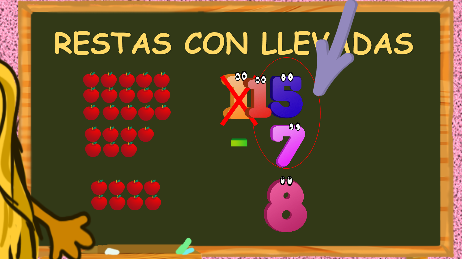 Sigma explica en la pizarra que 15 menos 7 es igual a 8