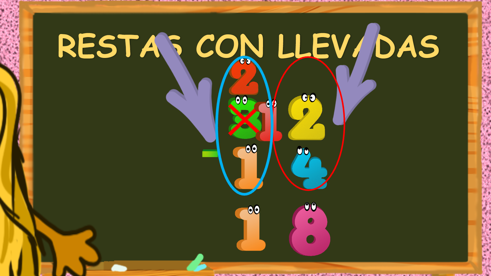 Ejemplo visual de la resta con llevada 32 menos 14 igual a 18