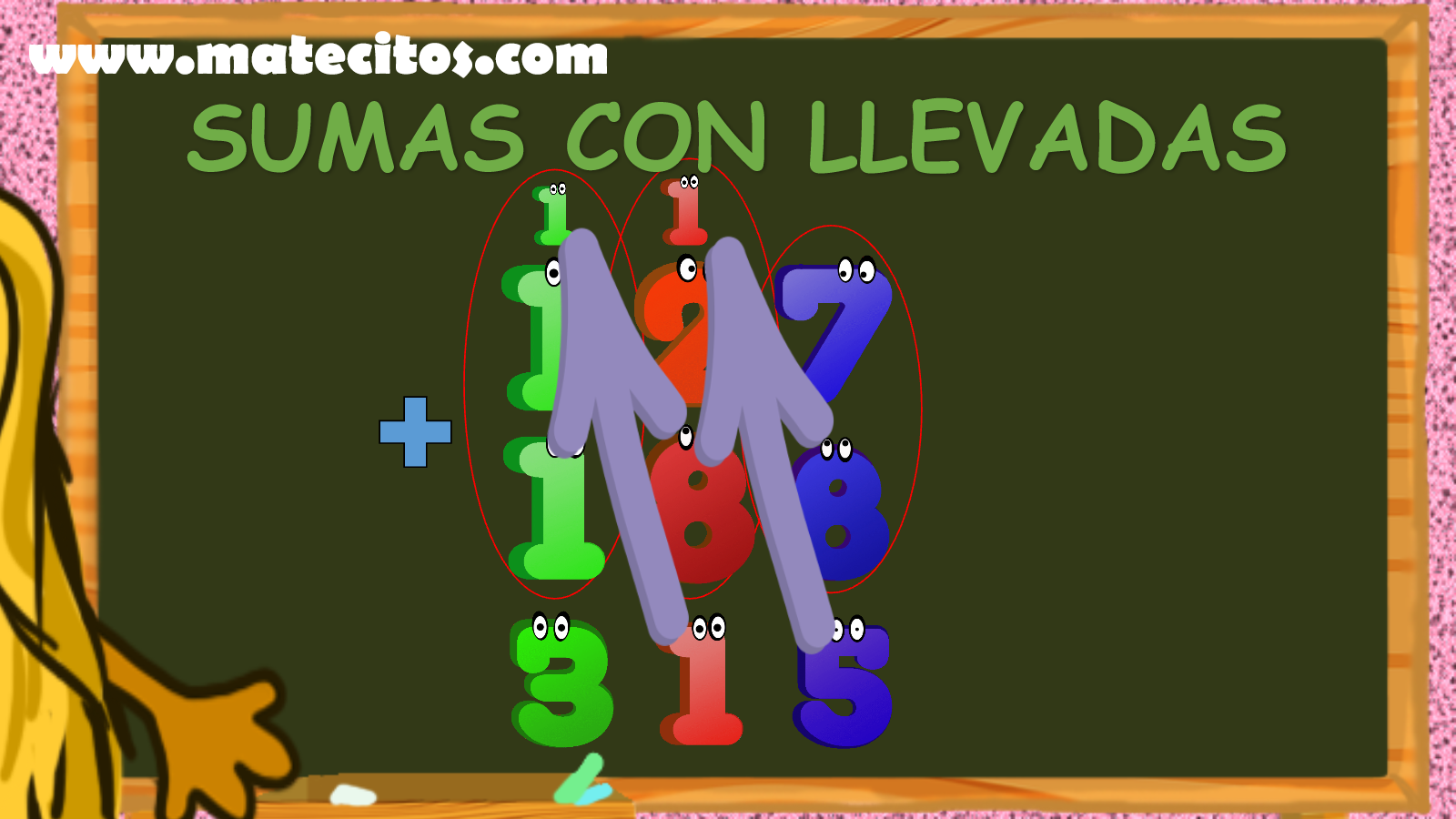 Ejemplo visual de 127 más 188 igual a 315 con dos llevadas