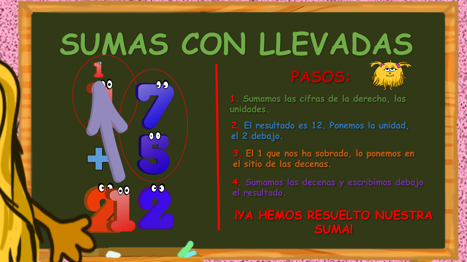 Ejemplo visual de la suma con llevada 47 más 35 igual a 82